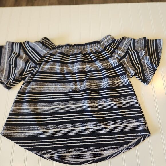 Moa Moa Large Blue White Striped Short Sleeve Blouse - Picture 9 of 9